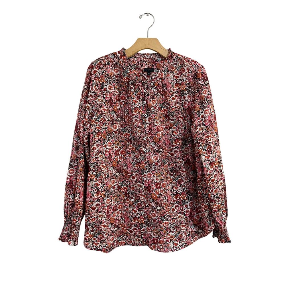 Talbots Floral Metallic Thread Smocked Sleeve Blouse Cottagecore XL